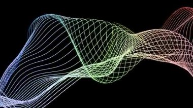 Siyah zemin üzerinde mavi, yeşil, sarı ve turuncu renkli akıcı çok renkli dalga çizgileri olan soyut animasyon. Yumuşak döngü hareketi enerji, ses ve dijital akışı önerir.