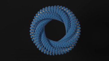 Koyu bir zemin üzerinde pürüzsüz dönen, devamlılığı, yapıyı ve dijital sistemleri temsil eden birçok küçük küreden oluşan bir mavi torusun üç boyutlu soyut animasyonu.