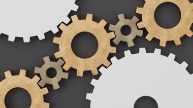 Karanlık bir arka planda, mühendislik, takım çalışması, mekanik ve endüstriyel süreçleri temsil eden farklı boyutlarda birbirine kenetlenmiş metal dişlilerin üç boyutlu çizimi.