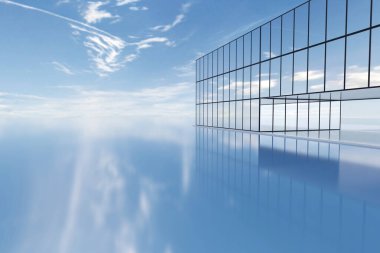 Mavi gökyüzünün altındaki sakin suyun üzerine uzanan 3 boyutlu modern cam bir bina. Yansımaları ve okyanus ufkuyla en az çağdaş mimari.