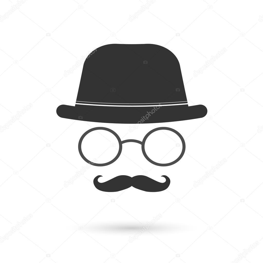 Illustration of hat, glasses and mustache silhouettes isolated on a white background.