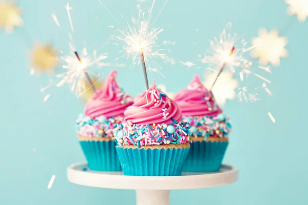 Three Birthday Cupcakes Pink Frosting Party Sparklers — Stock fotografie