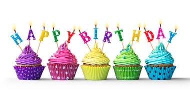 Colorful birthday cupcakes on white clipart