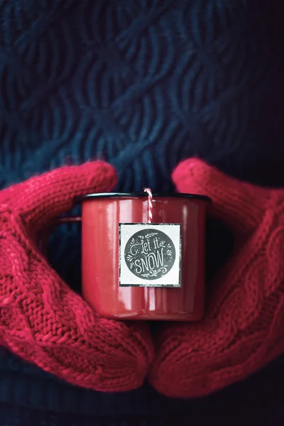 Caneca de chá em luvas de lã — Fotografia de Stock