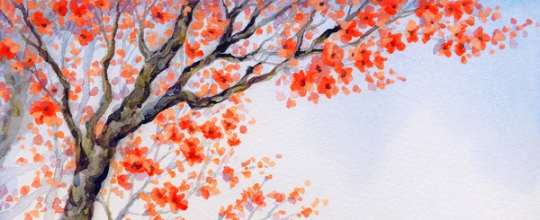 開花枝の美しい鳥。水彩画 — ストック写真