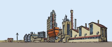 Modern heavy technical catalyst powerhouse rig mainstay building. Environment pollute, ecology concept symbol. Doodle freehand color drawn background sketch in art retro style with space for text on sky clipart svg vector 