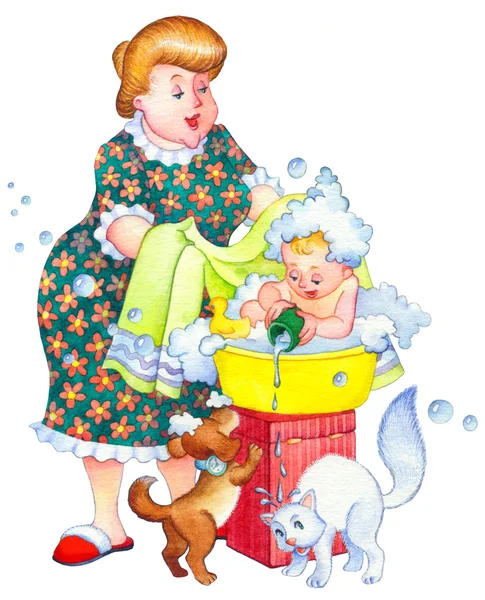 Watercolor illustration. Family washes in bathroom — Stock Photo, Image