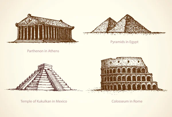 Monumentos históricos mundialmente famosos. Esboço vetorial —  Vetores de Stock