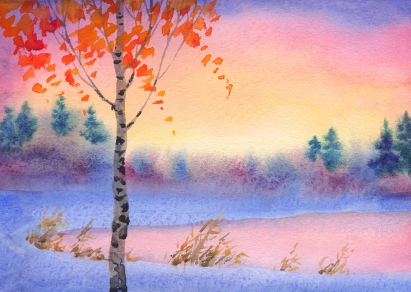 Akvarell vinterlandskap. kvällshimlen över sjön — Stockfoto