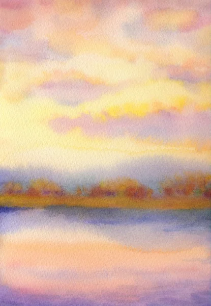 Watercolor landscape. Sunset over lake — Stock Photo, Image