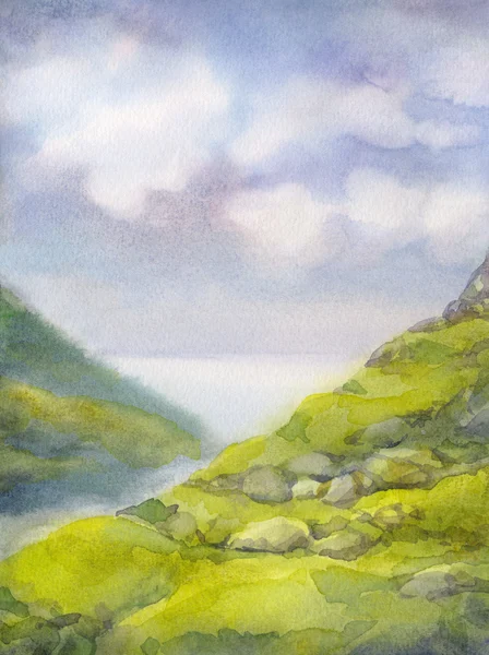 Watercolor landscape. Cloudy summer day in mountains near lake — Stock Photo, Image