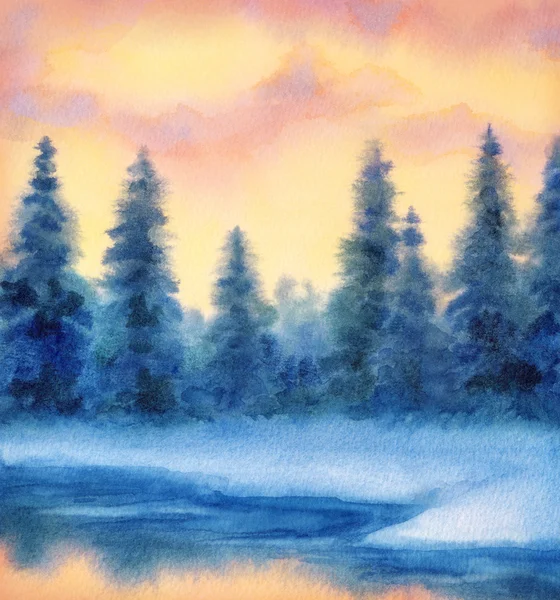 Paesaggio acquerello. Foresta invernale — Foto Stock