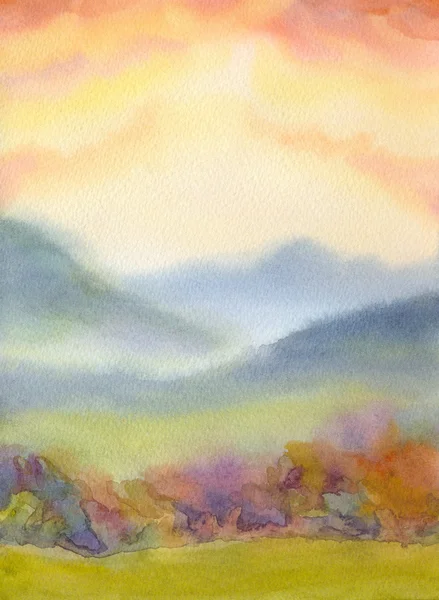Paysage aquarelle. Coucher de soleil sur les montagnes — Photo