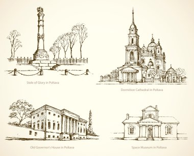 Poltava famous historical monuments. Vector sketch clipart