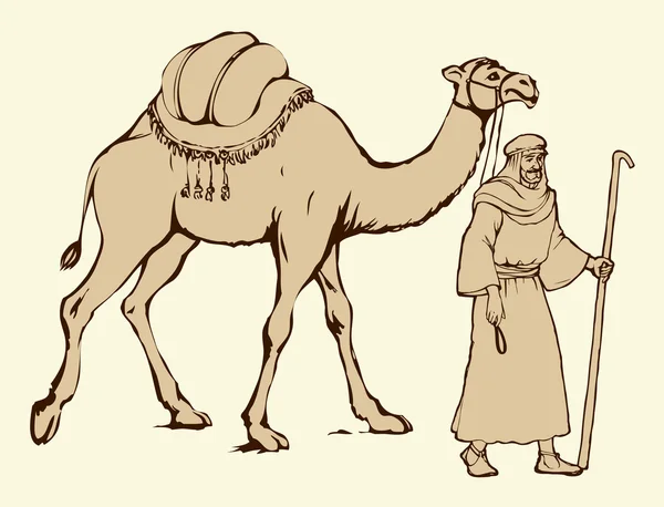 Arab with camel laden. Vector drawing — Stock Vector