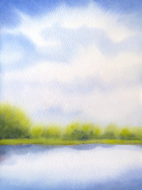 Suluboya manzara. Beyaz bulutların üstünde göl üzerinde mavi gökyüzü