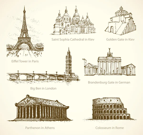 Wereld beroemde historische monumenten. Vector schets — Stockvector