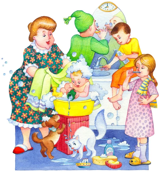 Watercolor illustration. Family washes in the bathroom — Stock Photo, Image