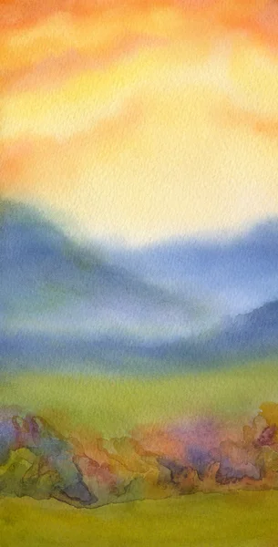 Τοπίο ακουαρέλα. Ηλιοβασίλεμα πάνω από τα βουνά — Φωτογραφία Αρχείου