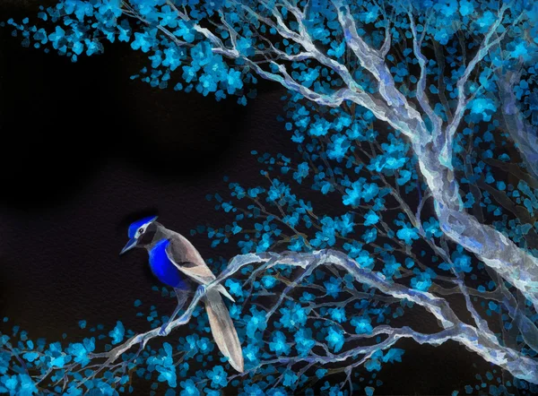 Schöner Vogel auf blühendem Zweig. Aquarellmalerei — Stockfoto