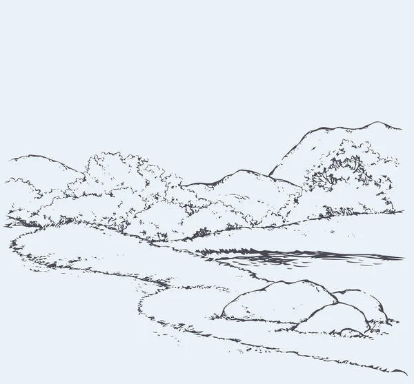 Paisaje de montaña con robles. Dibujo vectorial — Archivo Imágenes Vectoriales