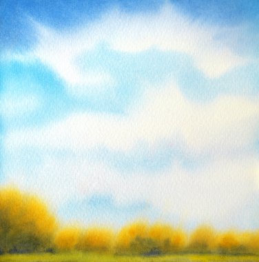 Suluboya manzara. Beyaz bulutların üstünde göl üzerinde mavi gökyüzü