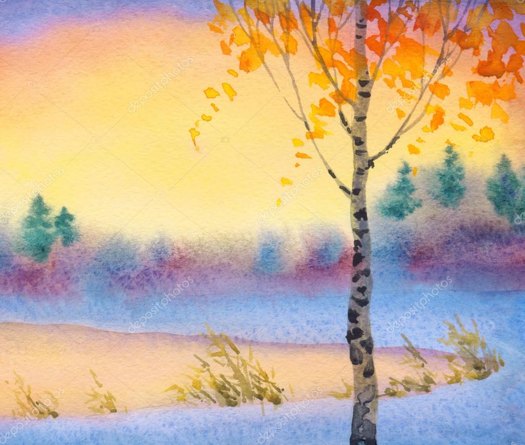 Acquerello di lavoro manuale luminoso colorato disegno schizzo su sfondo di carta con spazio per testo sul cielo nuvoloso Tramonto di inverno tranquillo