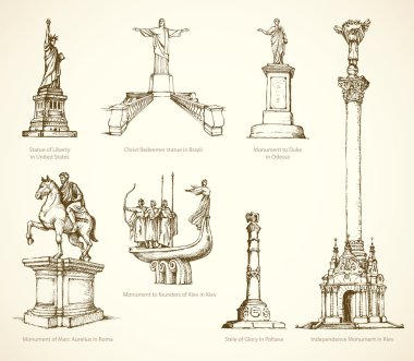 World famous historical monuments. Vector sketch clipart