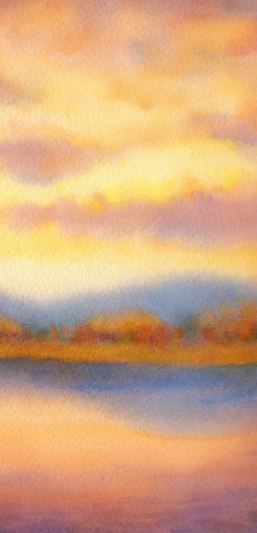 水彩風景。湖に沈む夕日 — ストック写真