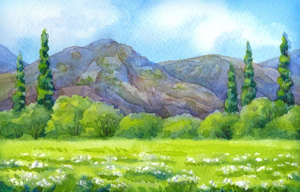 Paysage aquarelle. Ciel nuageux sur les fleurs de la vallée — Photo