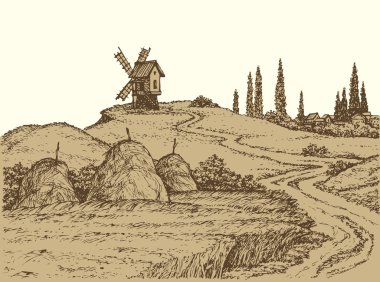 Vektör manzara. Bir tepe üzerinde eski yel değirmeni 