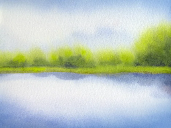 Paisagem aquarela. Nuvens brancas no céu azul sobre o lago — Fotografia de Stock