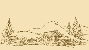 Vector drawing. Ancient rural landscape vector Vector drawing. Ancient rural landscape vector