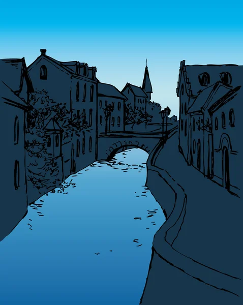 Dibujo vectorial de la estrecha calle medieval con puente sobre el — Archivo Imágenes Vectoriales