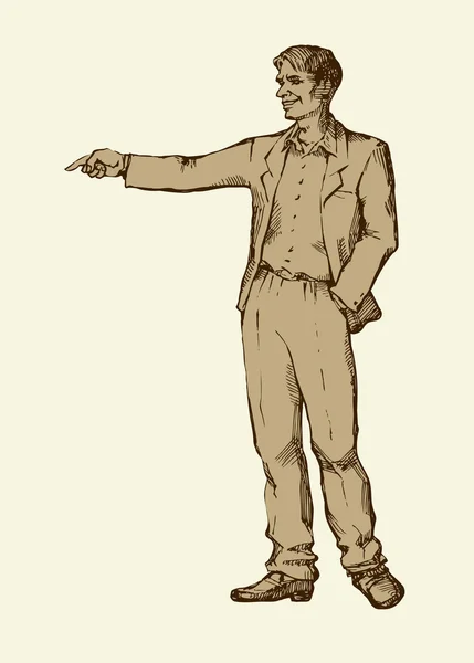 Esquema vectorial del hombre apuntando su mano a algo — Archivo Imágenes Vectoriales
