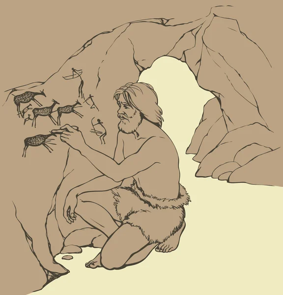 Векторне зображення. Первісна людина малює на кам'яній стіні печери — стоковий вектор