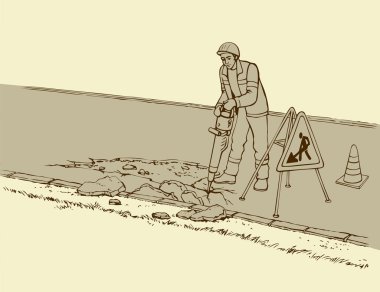 vektör çizimi. roadworks. İnşaat işçisi matkap ile 