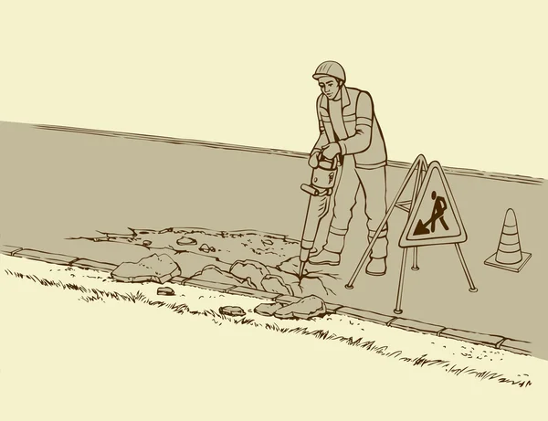 Vektorzeichnung. Straßenbauarbeiten. Bauarbeiter mit Presslufthammer — Stockvektor