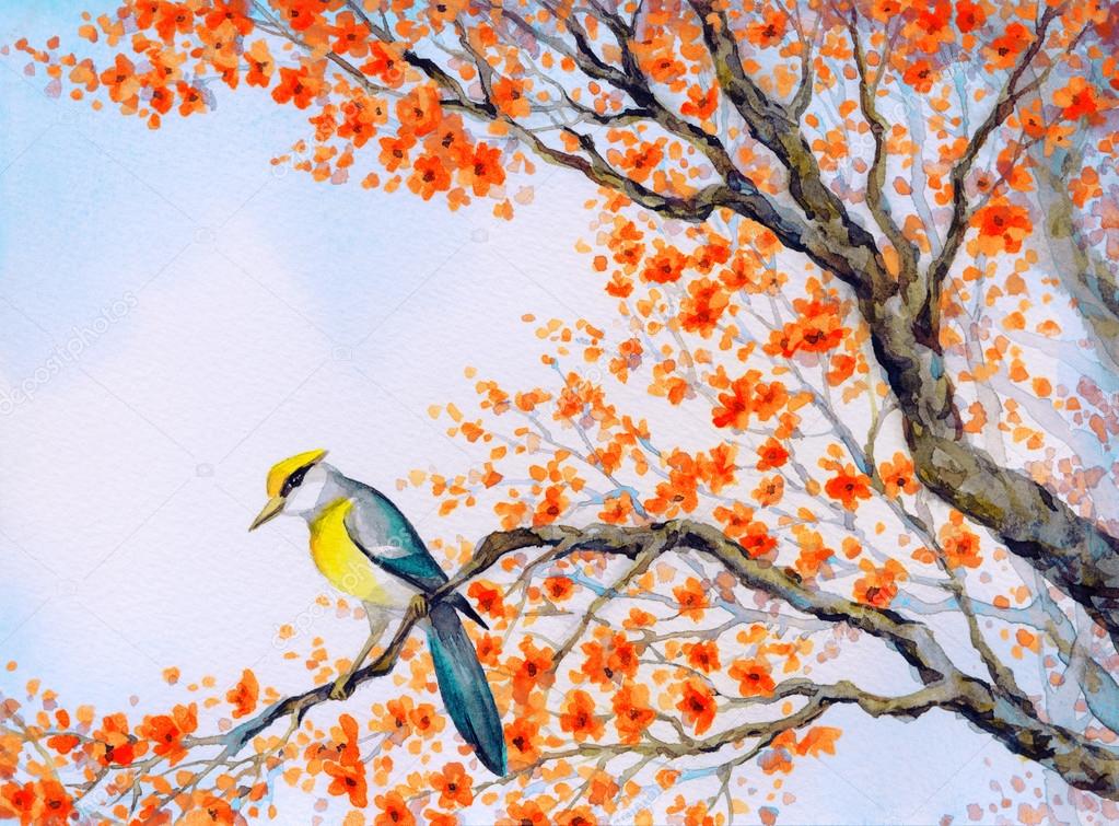 Beautiful bird on flowering branch. Watercolor painting
