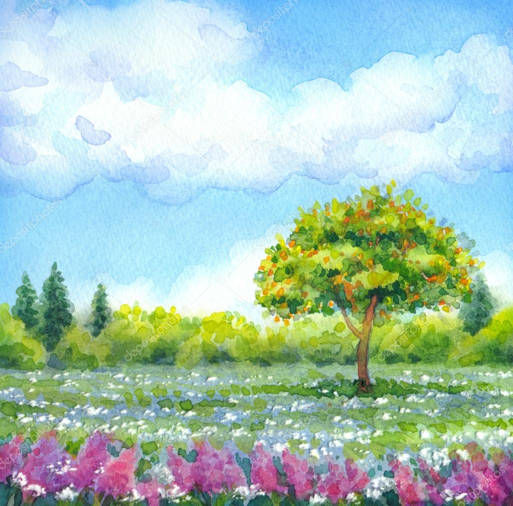 お歳暮ならオンライン 四季折々 の草原のシリーズの水彩風景 絵画