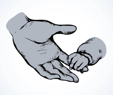 Sevimli, yaşlı bir erkek baba, avuç içi avuçlar gidiyor. Yakın görünüm beyaz arkaplan metin alanı. Çizgi siyahı, genç, dokunmatik, küçük parmak güvenlik desteği yaşam logosu simgesi tasarımı. Retro sanat karalama çizgi film stili çizimi