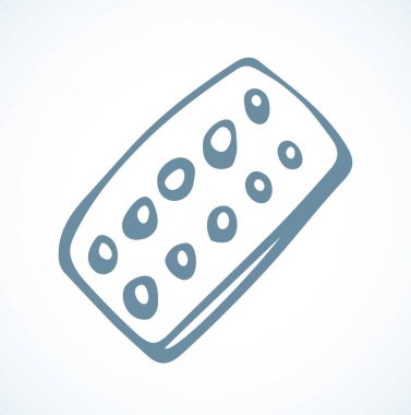 Yeni yuvarlak plastik yiyecek RX. Beyaz metin alanı arkaplanı. Ana hatları siyah el çizilmiş düz tıbbi zehir obje amblem tasarımı. Sanat etiketi karalama karikatür çizim siluet tarzı