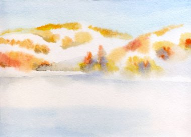 Parlak el, suluboya, taze, serin hava sahnesi, arka plan kâğıdı, metin alanı. Açık kırmızı renkli boya sanat eseri çalılık çalı vadi çim sakin buzlu yeni yıl buzlu dere körfezi manzarası