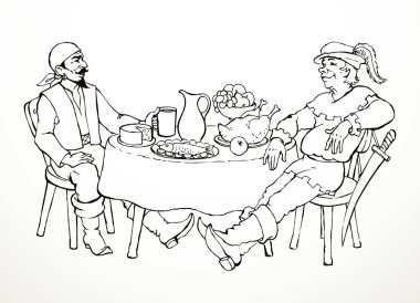 Komik, mutlu, aç soyguncu, beyaz bira, çerez, kale duvarı mesaj alanı. Siyah mürekkep çizilmiş el çizimi yaşlı korsan denizci giysisi komik çizim çizgisi geçmiş hikaye tarzı. Kral Savaşçı Şövalye!