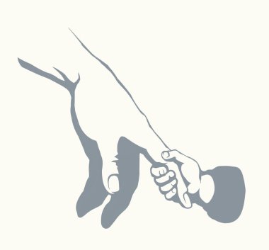 Sevimli, yaşlı bir erkek baba, avuç içi avuçlar gidiyor. Yakın görünüm beyaz arkaplan metin alanı. Çizgi siyahı, genç, dokunmatik, küçük parmak güvenlik desteği yaşam logosu simgesi tasarımı. Retro sanat karalama çizgi film stili çizimi