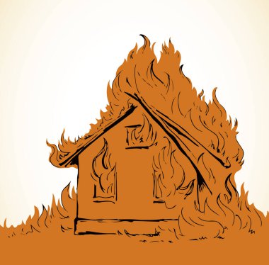 Yakın plan kırmızı kır evi manzaralı dış trajedi harabesi. Açık beyaz kağıt metin alanı. Siyah el çizimi kulübe özelliği güvenli yaşam logosu piktogram konsept tasarımı. Retro sanat karalama biçimi