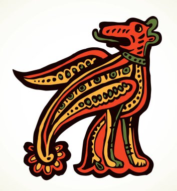 Fantezi halk memelisi beyaz kağıt desenli element. Taslak siyah renkli mürekkep, vahşi köpek kafası logosu amblemi çizilmiş. Klasik kapanış barbarlığı Galyalılar Alman ulusal sanatçı kitap aslanı etiketi