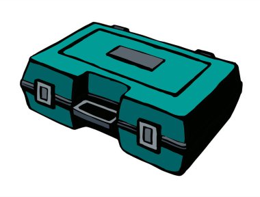 Kullanışlı ev yapımı diy bit set vitrin mandalı tenekesi beyaz üzerine çizilmiş. Modern karikatür grafik vektör çizgisi işçi bandı nesne kabı. Parlak yeşil el çizilmiş anahtar alet çantası göğüs logosu simge taslak sanatı