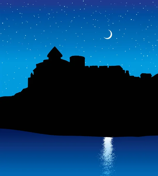 アラビア有名な高石の邸宅の城塞壁の崩壊丘の風光明媚な田園風景です 王国の庭園公園の水のシーンの画像 レトロな歴史アジアのアート漫画のスタイルを描く 青い星空テキスト空間背景 — ストックベクタ