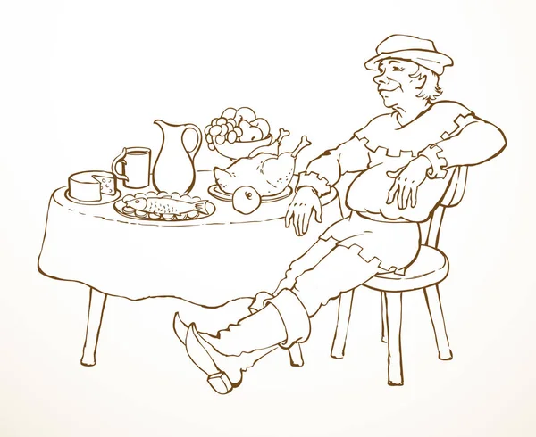 面白い幸せな空腹の強盗白ビール食事スナック城バーの壁のテキストスペース 概要黒インク手描き年齢コルセアセーラースーツ楽しいアートドアライン過去の物語スタイル 王の戦士騎士が家に座って — ストックベクタ